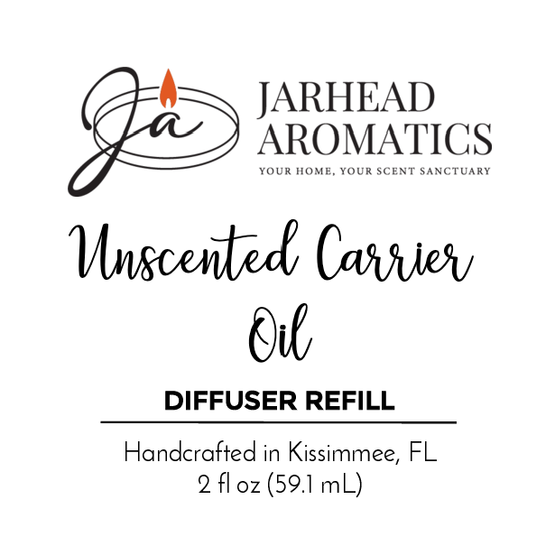 Jarhead Aromatics Unscented Carrier Oil - Diffuser Refill, 2 fl oz (59.1 mL), handcrafted in Kissimmee, FL. Ideal for blending with essential oils. Features a stylized candle flame logo.