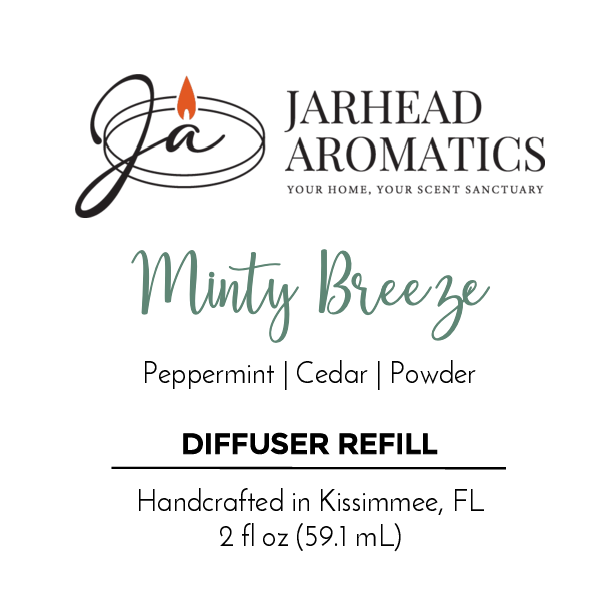 Jarhead Aromatics Minty Breeze Diffuser Refill blends peppermint, eucalyptus, and cedar with a powdery finish. Handcrafted in Kissimmee, FL with essential oils. 2 fl oz (59.1 mL). Logo features a candle flame.