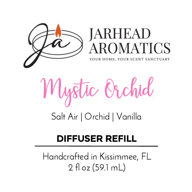 Jarhead Aromatics Mystic Orchid - Diffuser Refill: coastal freshness, exotic orchid & vanilla scent. Handcrafted in Kissimmee, FL. 2 fl oz (59.1 mL). Features JA logo with flame above stylized initials.