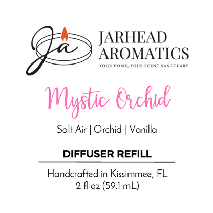 Jarhead Aromatics Mystic Orchid - Diffuser Refill: coastal freshness, exotic orchid & vanilla scent. Handcrafted in Kissimmee, FL. 2 fl oz (59.1 mL). Features JA logo with flame above stylized initials.