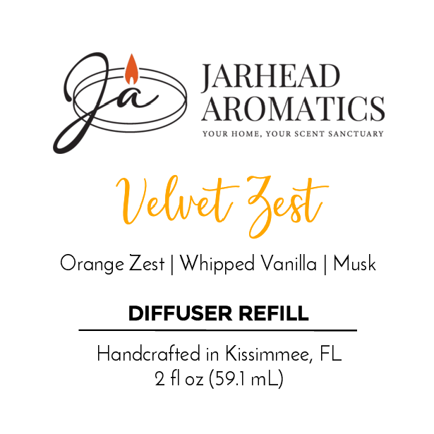 The Jarhead Aromatics Velvet Zest Diffuser Refill features notes of orange zest, whipped vanilla, and musk. Handcrafted in Kissimmee, FL with earthy essential oils. Net weight: 2 fl oz (59.1 mL).