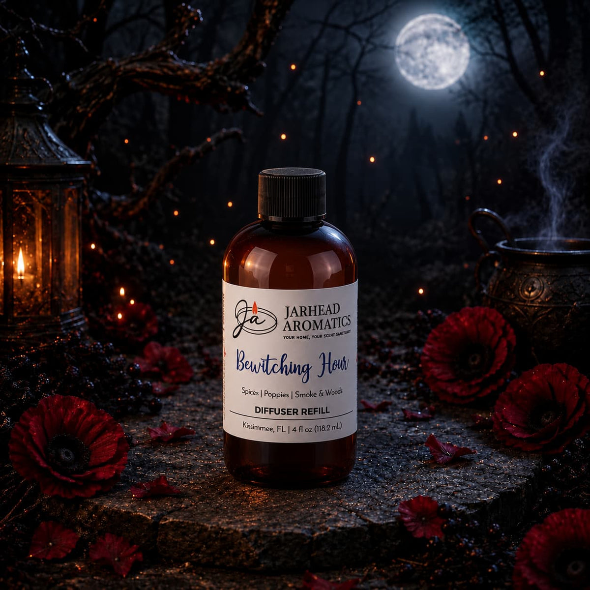 A bottle of Jarhead Aromatics’ Bewitching Hour Diffuser Refill—featuring exotic spices, dark florals, and smoky woods—rests amid red blossoms, candles, and a cauldron beneath a full moon in a mystical forest setting, infusing your home with gothic elegance and transforming any space into an enchanting fragrance sanctuary.