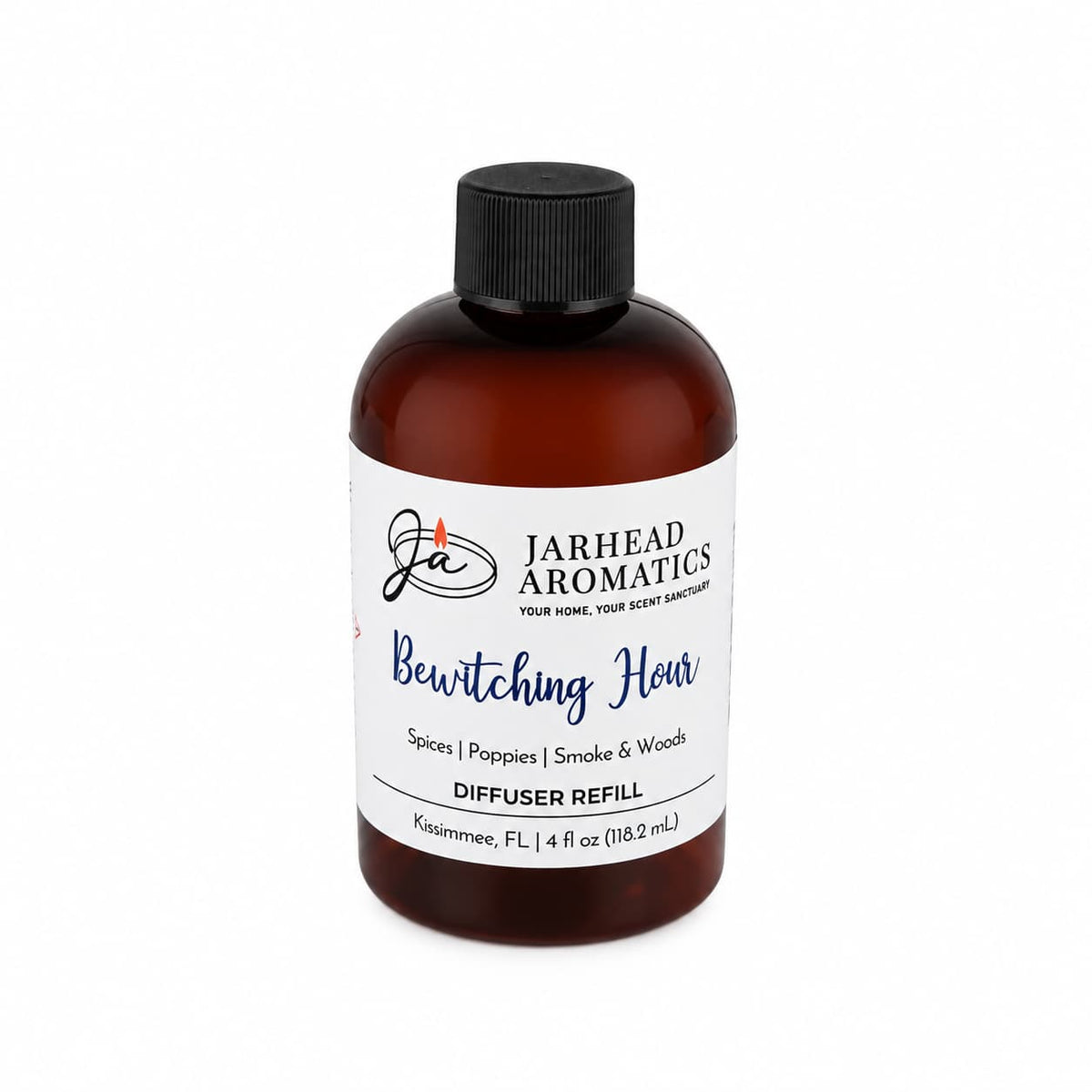 A brown bottle labeled Jarhead Aromatics Bewitching Hour Diffuser Refill, featuring a blend of exotic spices, dark florals, and smoky woods. This home fragrance brings gothic elegance to your space and contains 4 oz (118.2 mL) of liquid.