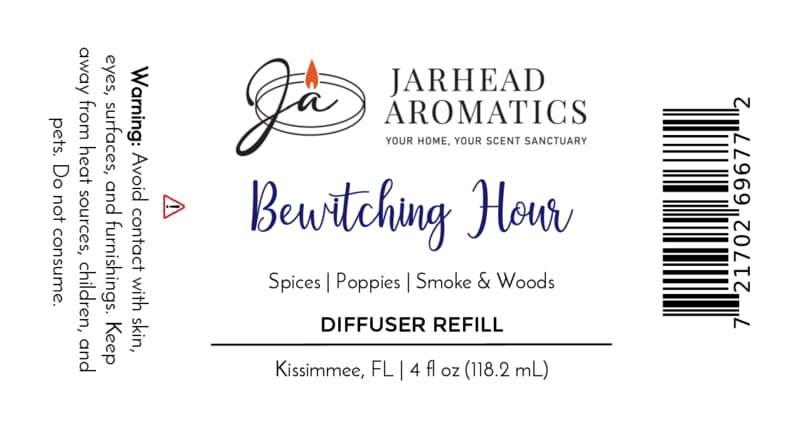 The Jarhead Aromatics Bewitching Hour Diffuser Refill label radiates gothic elegance, featuring an enchanting home fragrance blend of exotic spices, dark florals, and smoky woods. Warning: avoid contact with skin, eyes, and surfaces. Label includes a barcode and product volume of 4 fl oz (118.2 mL).