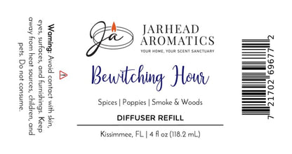 The Jarhead Aromatics Bewitching Hour Diffuser Refill label radiates gothic elegance, featuring an enchanting home fragrance blend of exotic spices, dark florals, and smoky woods. Warning: avoid contact with skin, eyes, and surfaces. Label includes a barcode and product volume of 4 fl oz (118.2 mL).