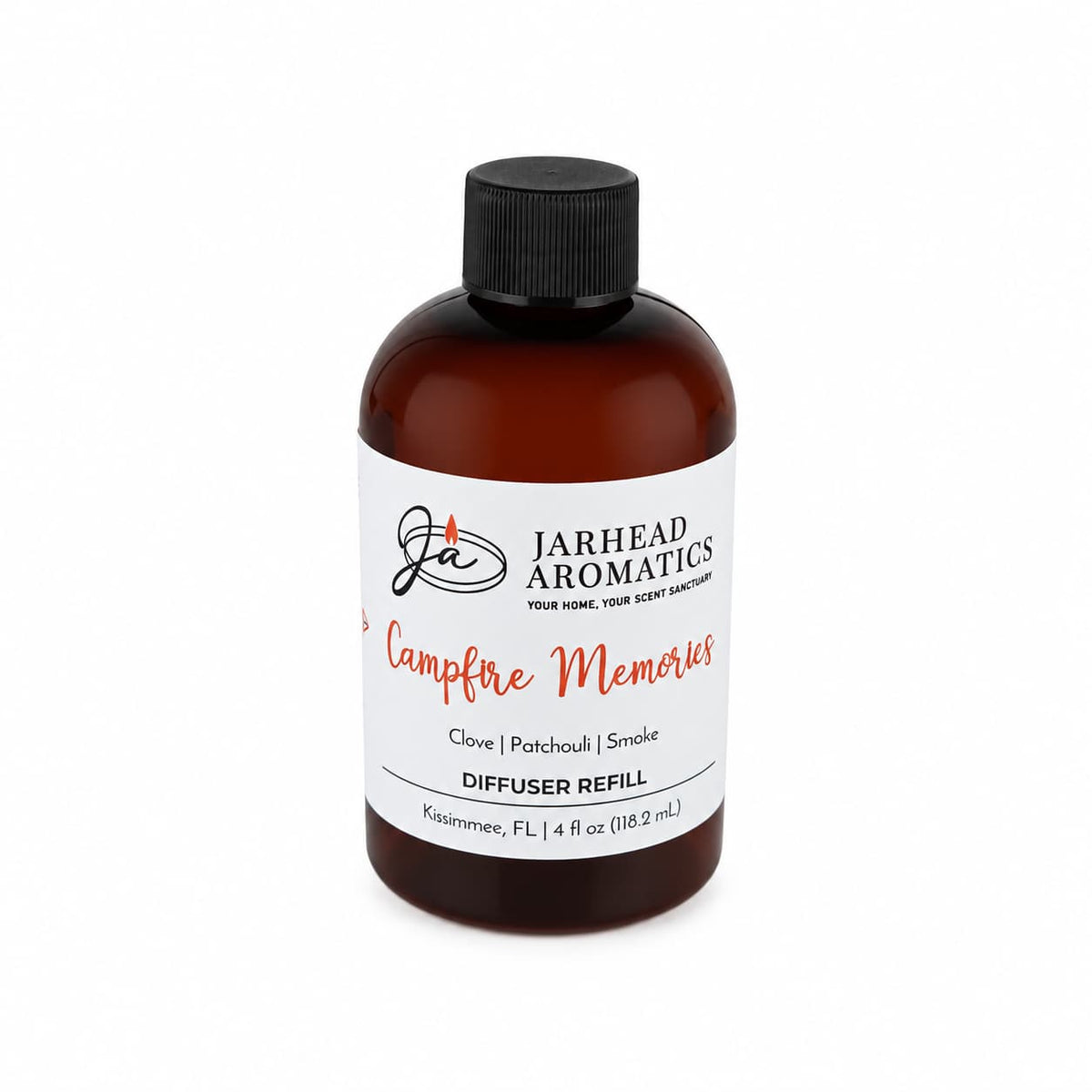 A brown bottle labeled Jarhead Aromatics Campfire Memories Diffuser Refill | Maple, Clove & Smoky Embers features warm notes of maple, clove, and smoky embers for a cozy autumn aroma. The 4 fl oz (118.2 mL) home fragrance liquid comes with a black cap.