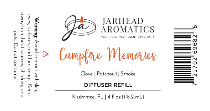 Jarhead Aromatics Campfire Memories Diffuser Refill | Maple, Clove & Smoky Embers label highlights a warm autumn-inspired fragrance, blending notes of maple, clove, and smoky embers—ideal for enhancing your home ambiance. The label includes safety warnings regarding skin and surface contact, heat exposure, and keeping out of reach of children and pets. Barcode and product details are also provided.