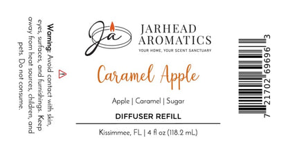 Jarhead Aromatics Caramel Apple Diffuser Refill | Crisp Apple, Rich Caramel & Warm Spice label. This gourmand home fragrance features inviting notes of crisp apple, rich caramel, and warm spice. Warning: Avoid contact with skin, eyes, and surfaces; keep out of reach of children and pets. Size: 4 fl oz. Barcode on right.