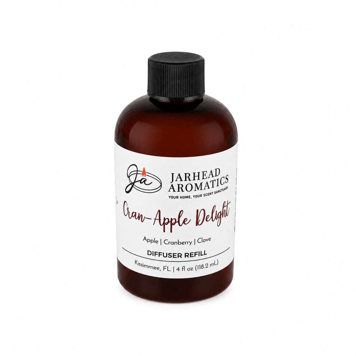 A 4oz brown bottle of Jarhead Aromatics Cran-Apple Delight Diffuser Refill—featuring cranberry, apple, and warm cinnamon notes—adds a crisp autumn aroma to your home. Made in Kissimmee, FL, it includes a black cap and white label.