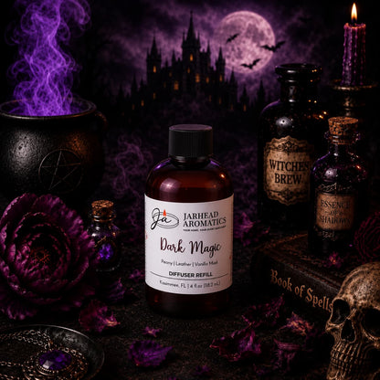 A bottle of Jarhead Aromatics Dark Magic Diffuser Refill | Peach, Plum, Dark Florals & Vanilla Musk rests amid purple roses, a cauldron, potion bottles, a Book of Spells, a glowing candle, and swirling violet mist; behind them rises a spooky castle beneath a full moon—capturing the enchanting essence of gothic romance in a fragrance perfect for your home diffuser.
