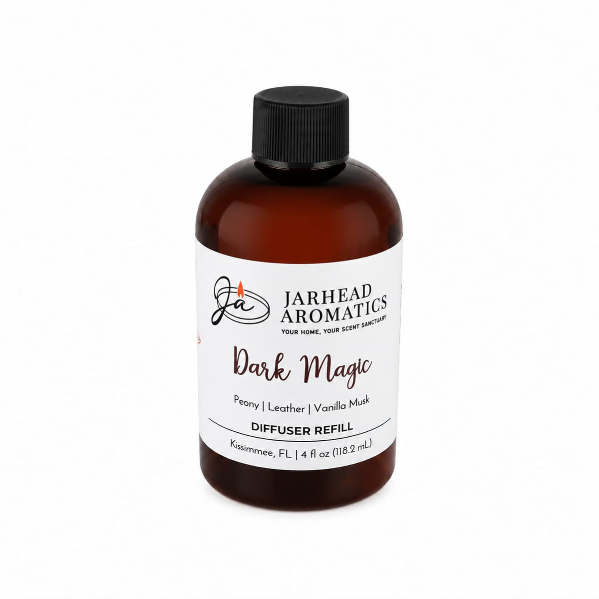 A brown bottle labeled Jarhead Aromatics Dark Magic Diffuser Refill, featuring notes of peach, plum, dark florals, and vanilla musk. This home fragrance showcases a dark floral scent profile and comes in a bottle with a black cap and white label.