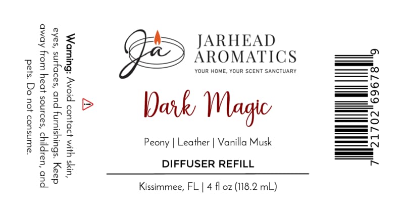 Jarhead Aromatics Dark Magic Diffuser Refill label, highlighting a captivating blend of peach, plum, dark florals, and vanilla musk for an enchanting home fragrance experience. Features warning, barcode, 4 fl oz volume, and location (Kissimmee, FL).