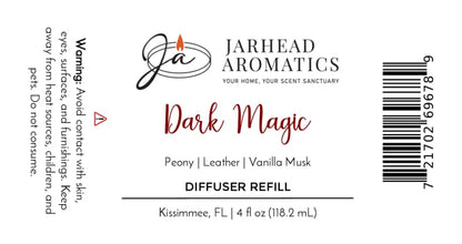 Jarhead Aromatics Dark Magic Diffuser Refill label, highlighting a captivating blend of peach, plum, dark florals, and vanilla musk for an enchanting home fragrance experience. Features warning, barcode, 4 fl oz volume, and location (Kissimmee, FL).