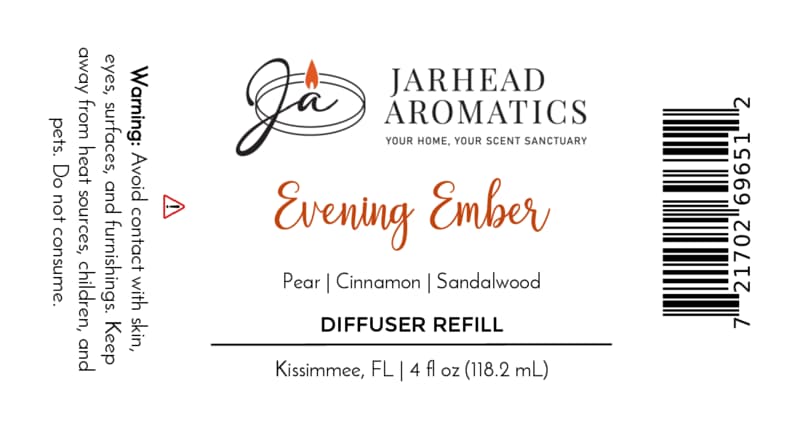 Jarhead Aromatics Evening Ember Diffuser Refill | Plum, Sandalwood & Soft Smoke. Create a welcoming atmosphere with fragrance notes of plum, sandalwood, and soft smoke. Warning: Avoid skin and eye contact. 4 fl oz. Includes barcode and address in Kissimmee, FL.