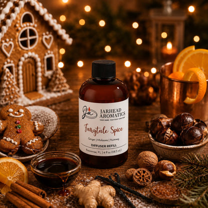 A bottle of Jarhead Aromatics’ Fairytale Spice Diffuser Refill | Gingerbread, Molasses & Warm Spice sits on a table surrounded by festive touches—a gingerbread house, cookies, oranges, spices, nuts, and twinkling lights—filling your space with the enchanting home fragrance of gingerbread and the nostalgic warmth of holiday baking aromas.