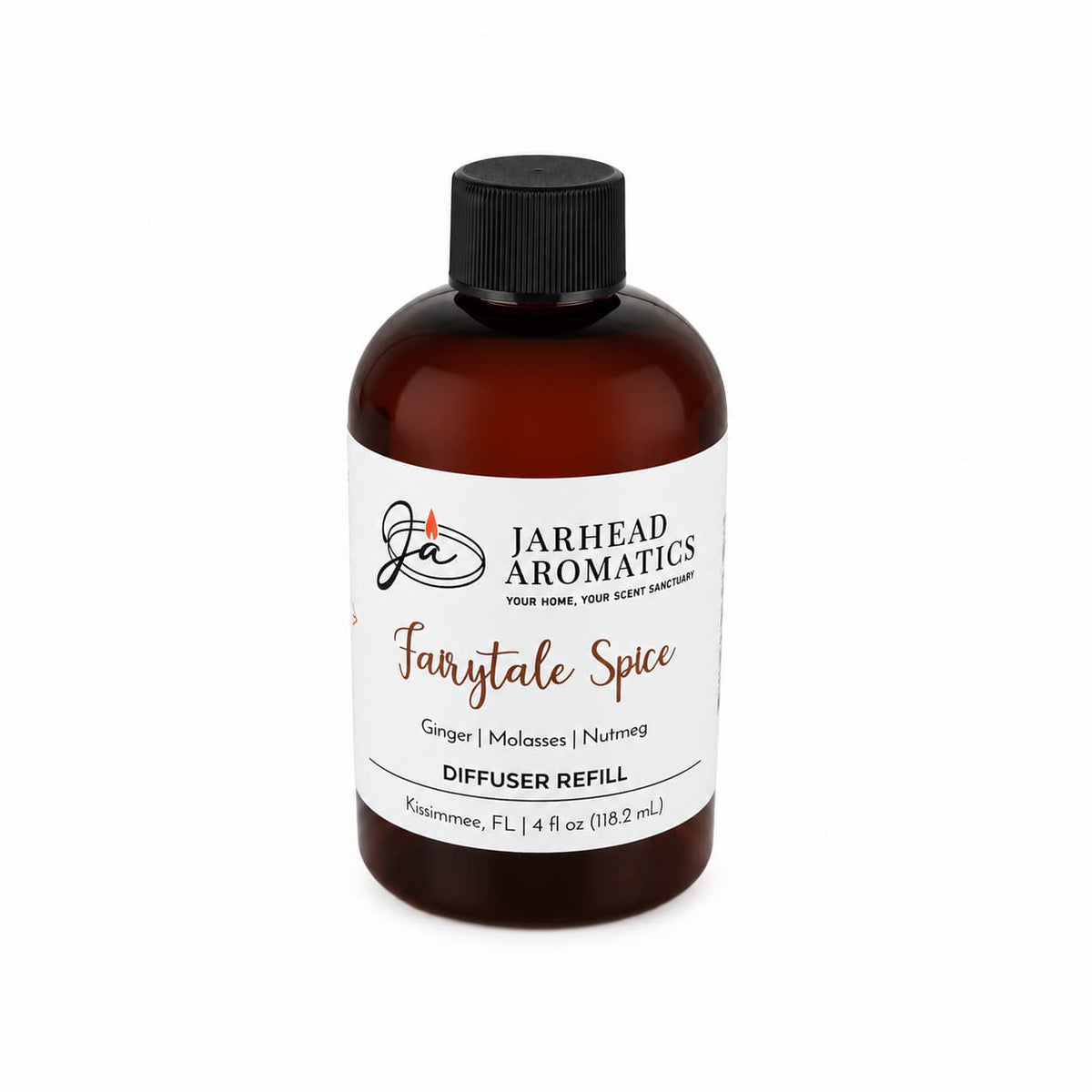 A 4 fl oz brown bottle of Fairytale Spice Diffuser Refill | Gingerbread, Molasses & Warm Spice by Jarhead Aromatics, labeled accordingly and evoking the cozy aroma of holiday baking with ginger, molasses, and nutmeg notes—capturing the essence of a gingerbread-inspired home fragrance—displayed against a white background.