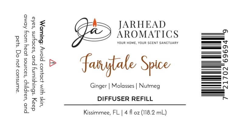 Jarhead Aromatics Fairytale Spice Diffuser Refill | Gingerbread, Molasses & Warm Spice label features the comforting aroma of holiday baking with notes of gingerbread, molasses, and warm spice. Includes warning text, barcode, and product size: 4 fl oz (118.2 mL). Made in Kissimmee, FL.