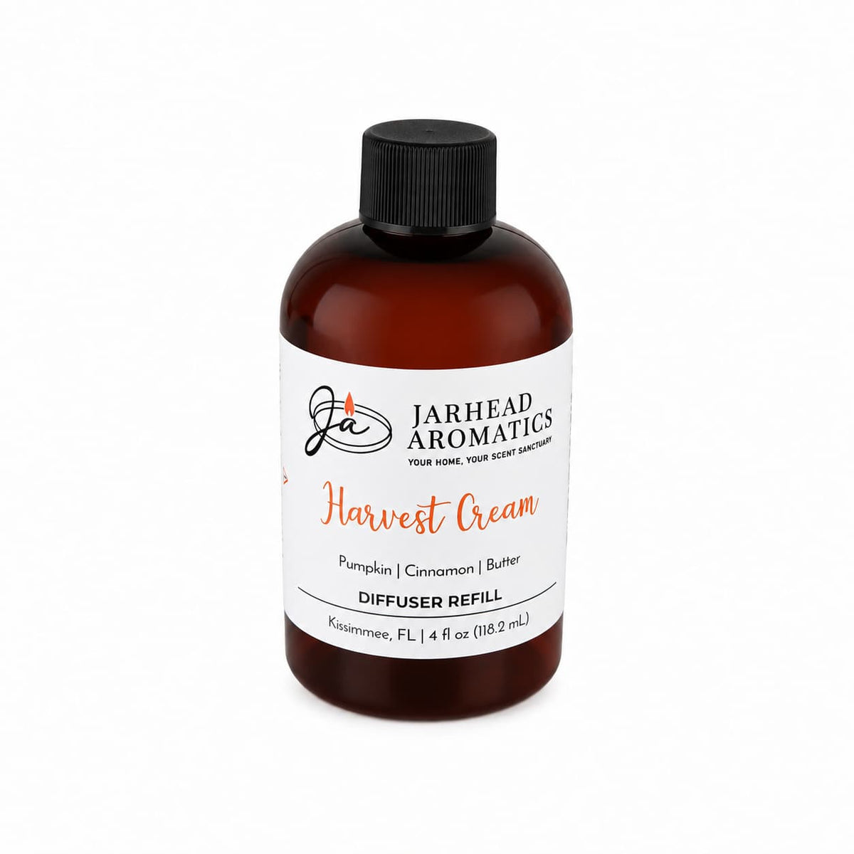 A brown bottle labeled Jarhead Aromatics Harvest Cream Diffuser Refill features a pumpkin spice fragrance with notes of brown sugar and vanilla cream. Perfect as a seasonal diffuser refill, this 4 oz (118.2 mL) bottle with a black cap fills any space with a warm, inviting autumn scent.