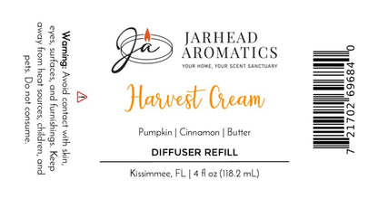 Harvest Cream Diffuser Refill label for Jarhead Aromatics, featuring the Pumpkin Spice, Brown Sugar & Vanilla Cream fragrance. This autumn-inspired diffuser refill brings a cozy scent of pumpkin spice blended with rich brown sugar and creamy vanilla to any space. Warning: Avoid contact; includes barcode and product information.