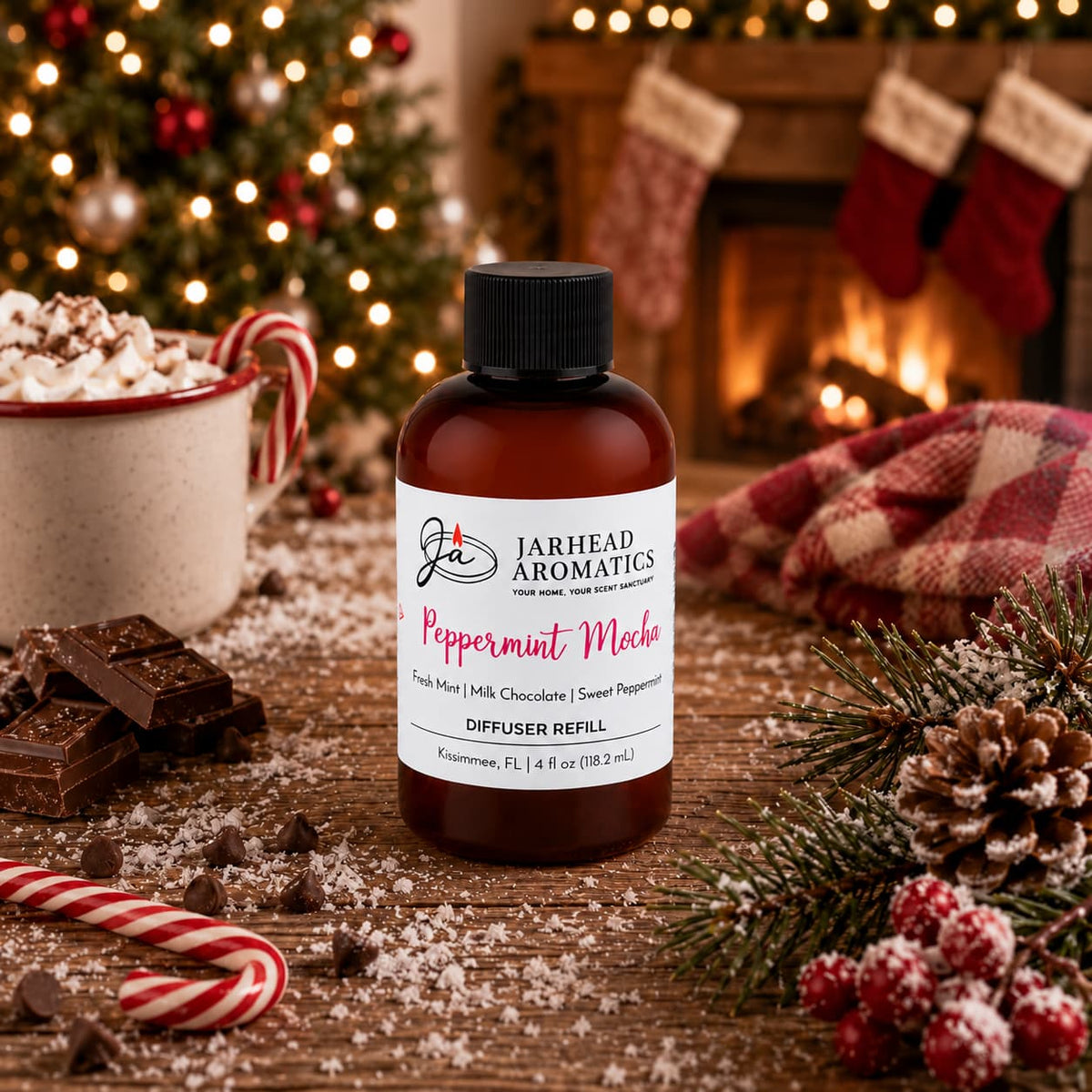Amber glass bottle of Jarhead Aromatics Peppermint Mocha Diffuser Refill surrounded by chocolate, candy canes, and festive holiday decor.