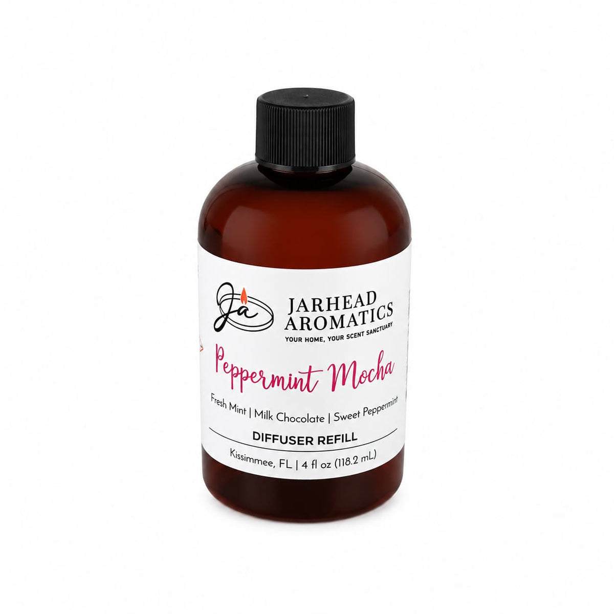 A brown glass Jarhead Aromatics Peppermint Mocha Diffuser Refill bottle with a black cap and a white label detailing notes of fresh mint, milk chocolate, and sweet peppermint.