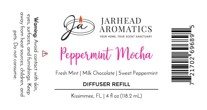 Product label for a Peppermint Mocha Diffuser Refill | Chocolate Mint & Vanilla, listing scent notes of fresh mint, milk chocolate, and sweet peppermint, along with volume and safety warnings for this holiday home fragrance.