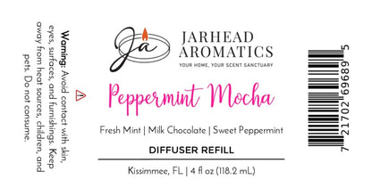 Product label for a Peppermint Mocha Diffuser Refill | Chocolate Mint & Vanilla, listing scent notes of fresh mint, milk chocolate, and sweet peppermint, along with volume and safety warnings for this holiday home fragrance.