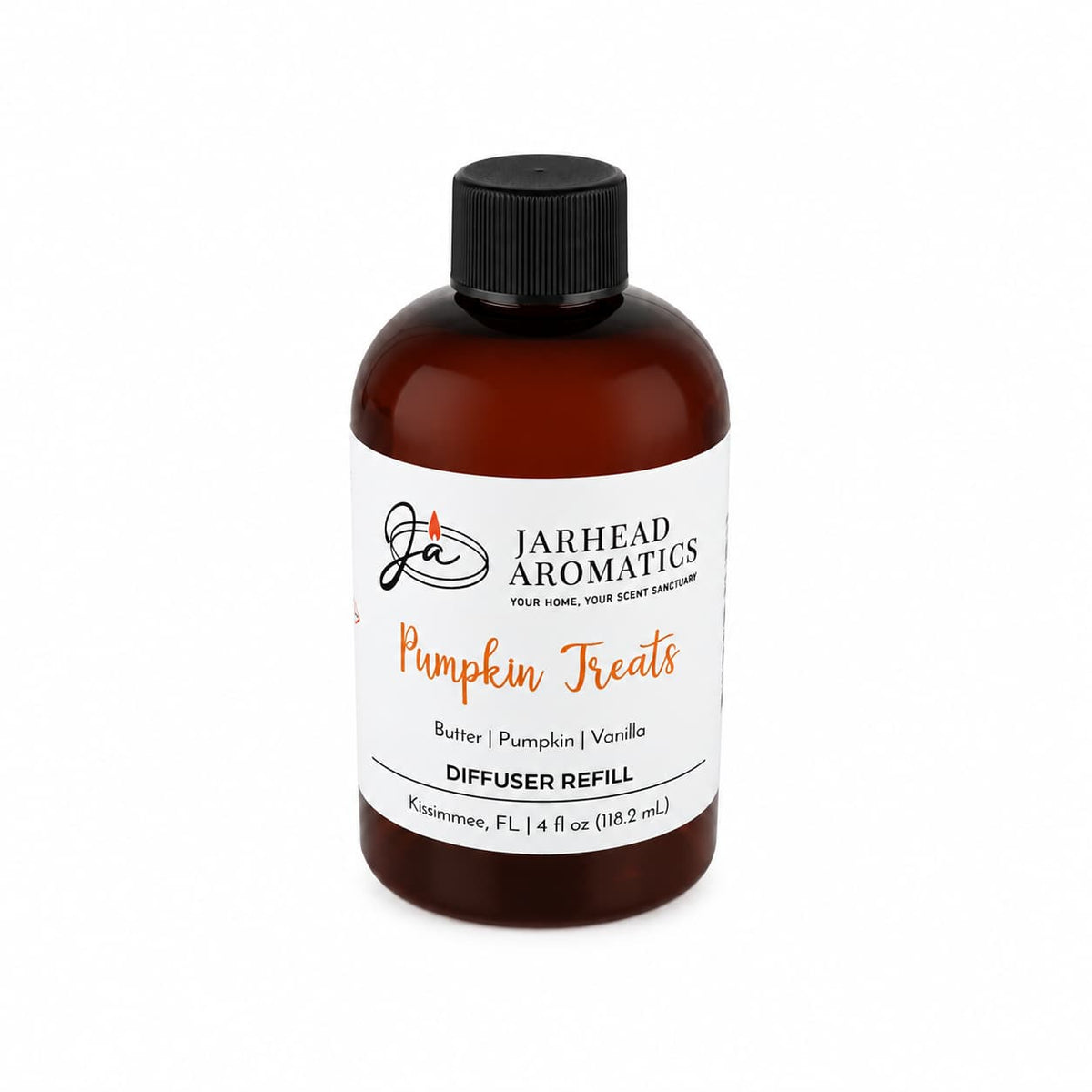 A brown bottle labeled Jarhead Aromatics Pumpkin Treats Diffuser Refill, featuring scents of pumpkin, caramel, and maple pecan, contains 4 fl oz (118.2 mL) and fills your home with the perfect autumn fragrance inspired by irresistible pumpkin desserts.