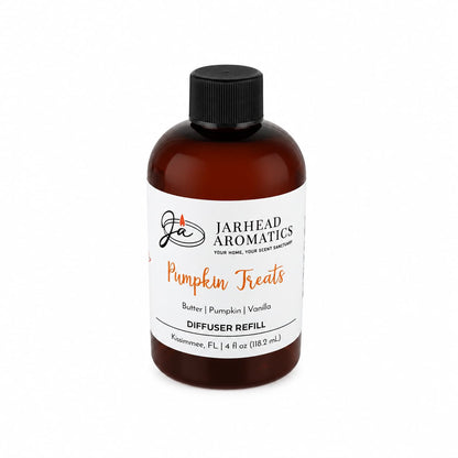 A brown bottle labeled Jarhead Aromatics Pumpkin Treats Diffuser Refill, featuring scents of pumpkin, caramel, and maple pecan, contains 4 fl oz (118.2 mL) and fills your home with the perfect autumn fragrance inspired by irresistible pumpkin desserts.