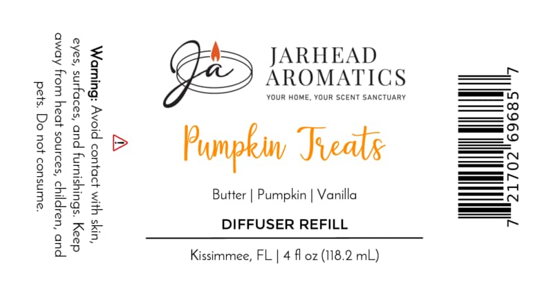 Jarhead Aromatics Pumpkin Treats Diffuser Refill | Pumpkin, Caramel & Maple Pecan label features a delectable pumpkin dessert-inspired fragrance with notes of pumpkin, caramel, and maple pecan—ideal for infusing your home with a warm, inviting autumn aroma. Warning: Avoid contact with skin, eyes, and surfaces. Barcode and 4 fl oz (118.2 mL) capacity displayed.