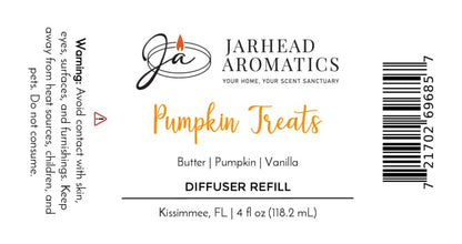 Jarhead Aromatics Pumpkin Treats Diffuser Refill | Pumpkin, Caramel & Maple Pecan label features a delectable pumpkin dessert-inspired fragrance with notes of pumpkin, caramel, and maple pecan—ideal for infusing your home with a warm, inviting autumn aroma. Warning: Avoid contact with skin, eyes, and surfaces. Barcode and 4 fl oz (118.2 mL) capacity displayed.