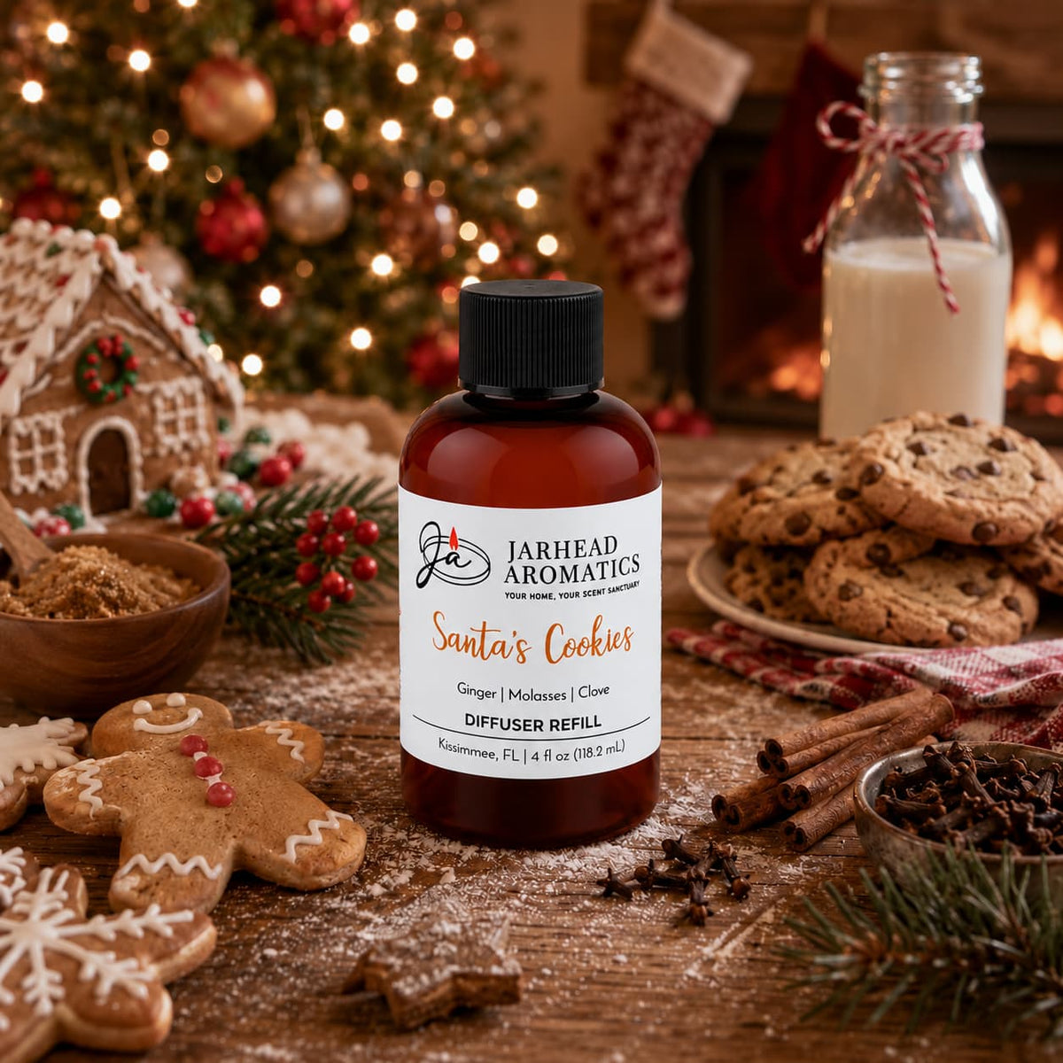 Amber glass bottle of Santa’s Cookies Diffuser Refill by Jarhead Aromatics sitting on a wooden table surrounded by gingerbread cookies, a plate of chocolate chip cookies, and festive holiday decor.