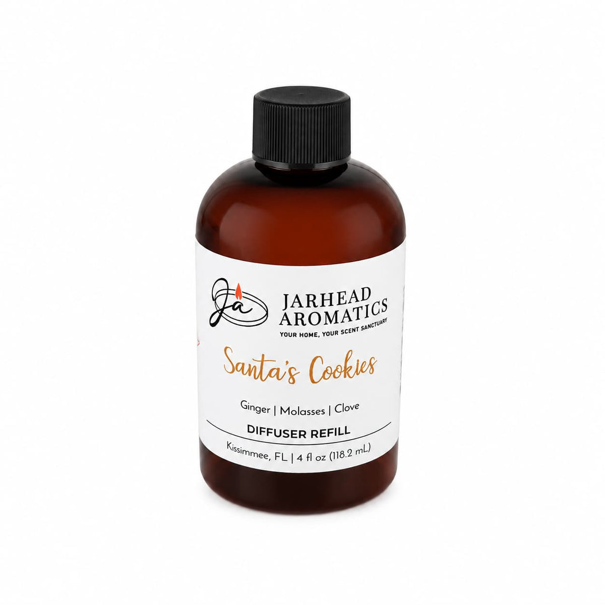 A brown plastic bottle with a black cap and a white label for Jarhead Aromatics Santa’s Cookies Diffuser Refill | Ginger, Brown Sugar, Molasses & Vanilla.
