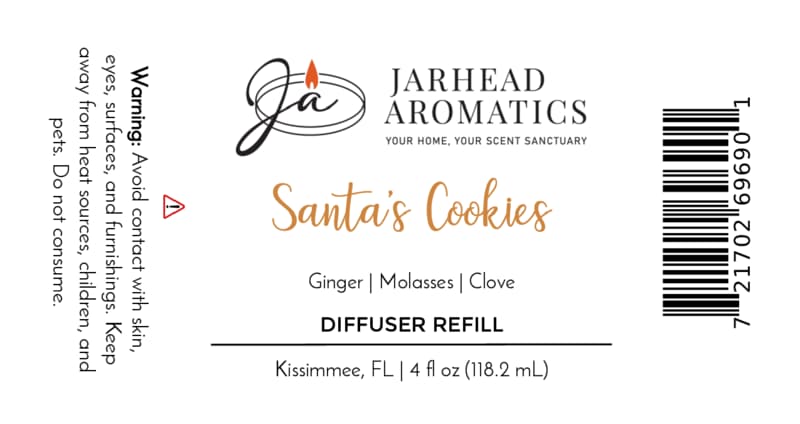 Product label for a Santa’s Cookies Diffuser Refill by Jarhead Aromatics, listing ingredients like ginger, molasses, and clove alongside a warning, volume, and barcode for this holiday home fragrance.