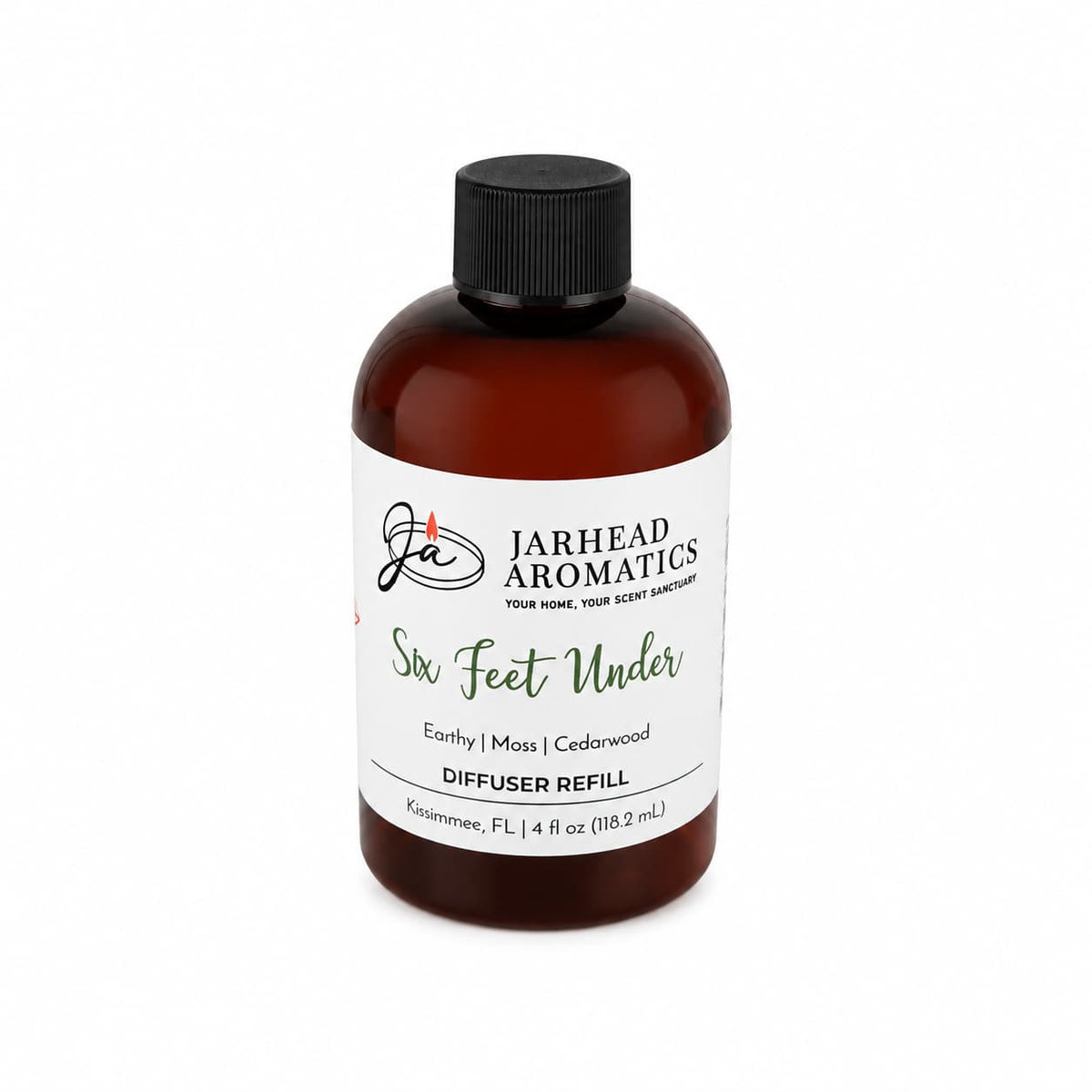 A brown bottle labeled Jarhead Aromatics Six Feet Under Diffuser Refill, showcasing the Damp Earth, Moss & Ancient Oak fragrance for a rich, earthy home scent. This 4 fl oz cedarwood diffuser refill is displayed on a white background.