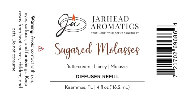 Jarhead Aromatics Sugared Molasses Diffuser Refill | Buttercream, Honey & Dark Molasses Add a cozy autumn scent to your home fragrance collection. Ingredients: Buttercream, Honey, Dark Molasses. Caution: Avoid contact with skin and eyes. Not for consumption. Barcode (right) Kissimmee, FL.