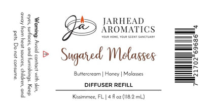Jarhead Aromatics Sugared Molasses Diffuser Refill | Buttercream, Honey & Dark Molasses Add a cozy autumn scent to your home fragrance collection. Ingredients: Buttercream, Honey, Dark Molasses. Caution: Avoid contact with skin and eyes. Not for consumption. Barcode (right) Kissimmee, FL.