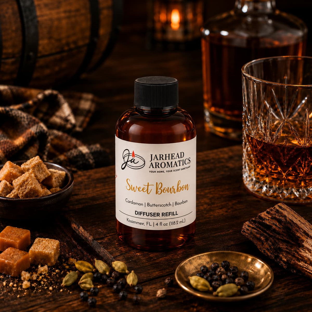 A bottle of Jarhead Aromatics Sweet Bourbon Diffuser Refill | Bourbon, Butterscotch & Brown Sugar—an inviting home fragrance—is surrounded by sugar cubes, spices, a glass of bourbon, a decanter, and a brown plaid cloth on a rustic wooden table.