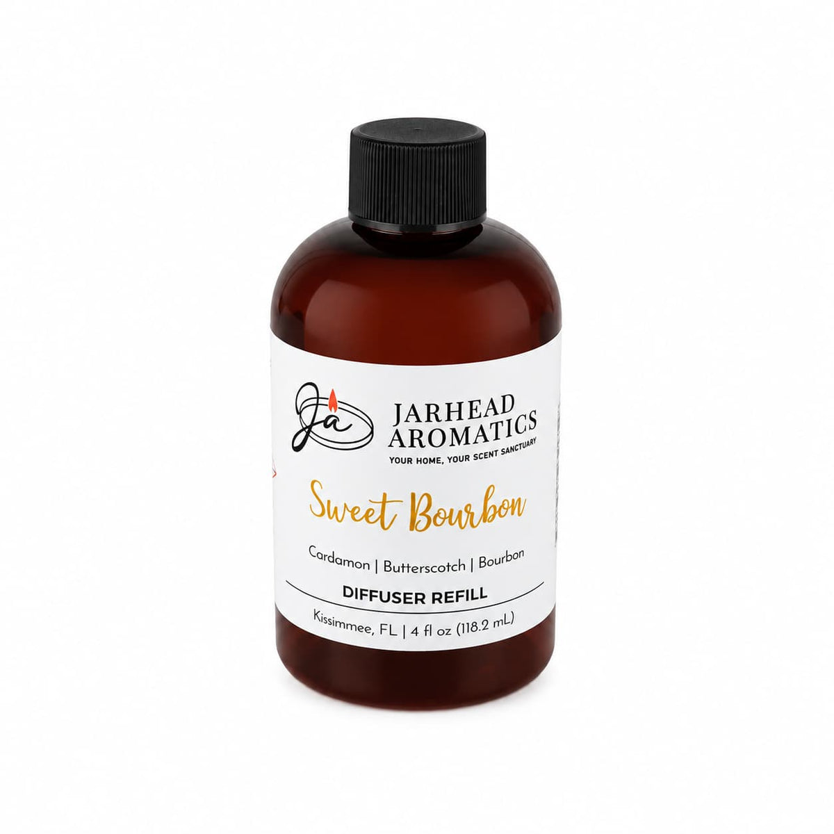 A brown bottle labeled Jarhead Aromatics Sweet Bourbon Diffuser Refill fills your space with the warm, inviting aromas of bourbon, butterscotch, and brown sugar. The 4 oz (118.2 mL) bottle features a black cap and is designed to create a cozy atmosphere reminiscent of a bourbon lounge.