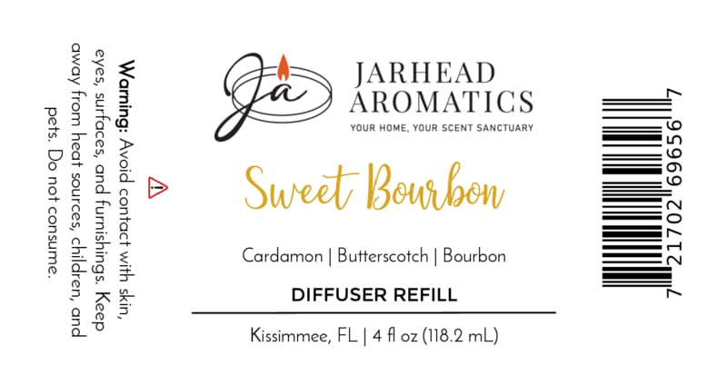 A Jarhead Aromatics Sweet Bourbon Diffuser Refill label for home fragrance, featuring the rich blend of bourbon, butterscotch, and brown sugar notes for an authentic bourbon lounge ambiance. The label also includes a safety warning, barcode, and the Jarhead Aromatics logo.