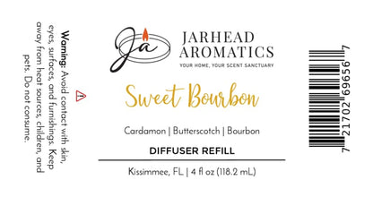 A Jarhead Aromatics Sweet Bourbon Diffuser Refill label for home fragrance, featuring the rich blend of bourbon, butterscotch, and brown sugar notes for an authentic bourbon lounge ambiance. The label also includes a safety warning, barcode, and the Jarhead Aromatics logo.