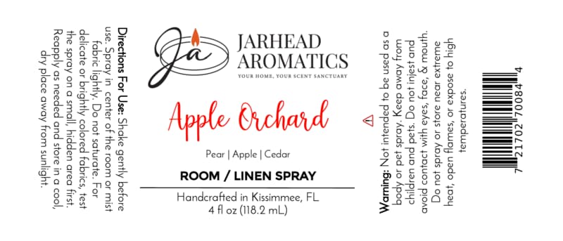 Jarhead Aromatics label for Apple Orchard Room & Linen Spray | Crisp Apple, Pear & Cedarwood, a handcrafted home and linen fragrance spray. Includes usage directions, ingredients, warnings, barcode, and product details. Handcrafted in Kissimmee, FL. Net contents: 4 fl oz (118.2 mL). Enjoy the refreshing blend of crisp apple, juicy pear, and cedarwood.