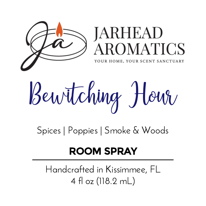 Jarhead Aromatics Bewitching Hour - Room Spray (Halloween Collection) blends florals, spices, poppies, smoke & woods for a mystical aroma. Handcrafted in Kissimmee, FL. 4 fl oz (118.2 mL) bottle scents any space enchantingly.
