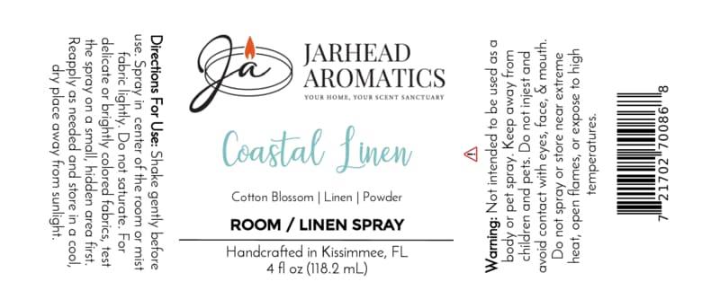 Label for Jarhead Aromatics Coastal Linen Room & Linen Spray, 4 fl oz. Infuse your space with the invigorating scent of fresh linen, ozone, and sandalwood using our Coastal Linen Room & Linen Spray—expertly crafted to refresh and elevate your home environment. Includes usage directions, safety warnings, and ingredients (fresh linen, cotton blossom, ozone, powdery notes). Features the signature Jarhead Aromatics logo with a candle and notes its manufacturer location: Kissimmee, FL.