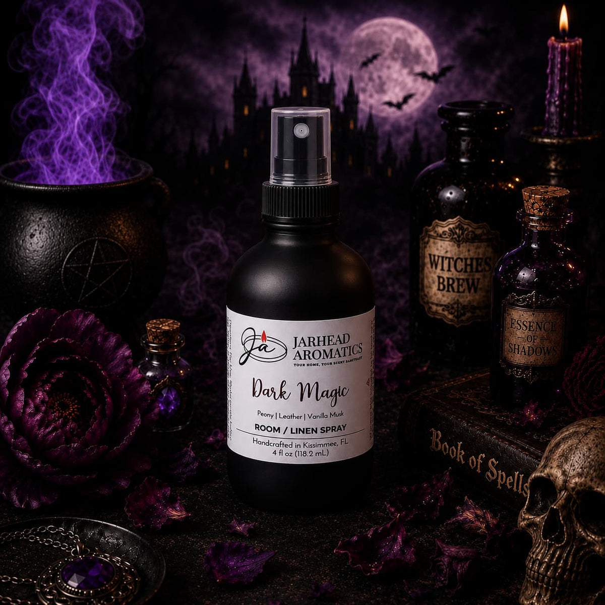 A bottle of Dark Magic Room & Linen Spray | Peach, Plum, Dark Florals & Vanilla Musk from Jarhead Aromatics rests amid gothic décor—complete with a cauldron, potion bottles, purple smoke, roses, and a spellbook—set against a spooky castle glowing with purple light beneath a full moon. This enchanting home fragrance is the perfect touch to transform your space.