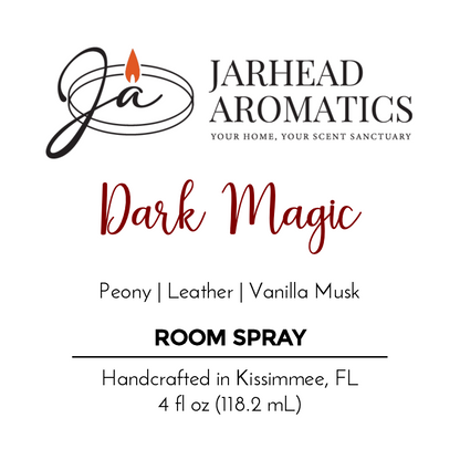 Jarhead Aromatics Dark Magic - Room Spray, Halloween Collection: a handcrafted blend of floral perfume notes, leather, and vanilla musk. Made in Kissimmee, FL. 4 fl oz (118.2 mL).