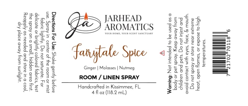 Here’s the revised sentence using your product data: A label for Jarhead Aromatics Fairytale Spice Room & Linen Spray | Gingerbread, Molasses & Warm Spice, highlighting a bakery-inspired home fragrance with notes of gingerbread, molasses, and warm spices—capturing the cozy aroma reminiscent of a gingerbread house. The label includes directions for use, safety warnings, and specifies the product size as 4 fl oz. The text is in black with orange accents.