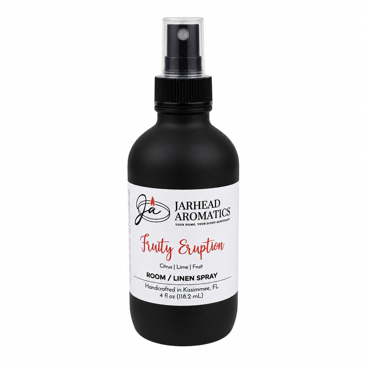 A black spray bottle labeled Jarhead Aromatics Fruity Eruption Room & Linen Spray features refreshing notes of lemon, lime, grapefruit, and fresh fruit. Handcrafted in Kissimmee, FL, this 4 oz (118.2 ml) citrus room spray is perfect for elevating your home fragrance experience.