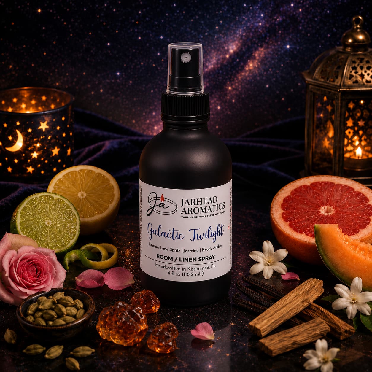 A bottle of Jarhead Aromatics Galactic Twilight Room & Linen Spray | Bergamot, Amber & Sandalwood rests amid sliced lime, grapefruit, flowers, spices, crystals, and ornate lanterns against a starry night backdrop—an inviting scene that perfectly captures the essence of this luxurious home fragrance.