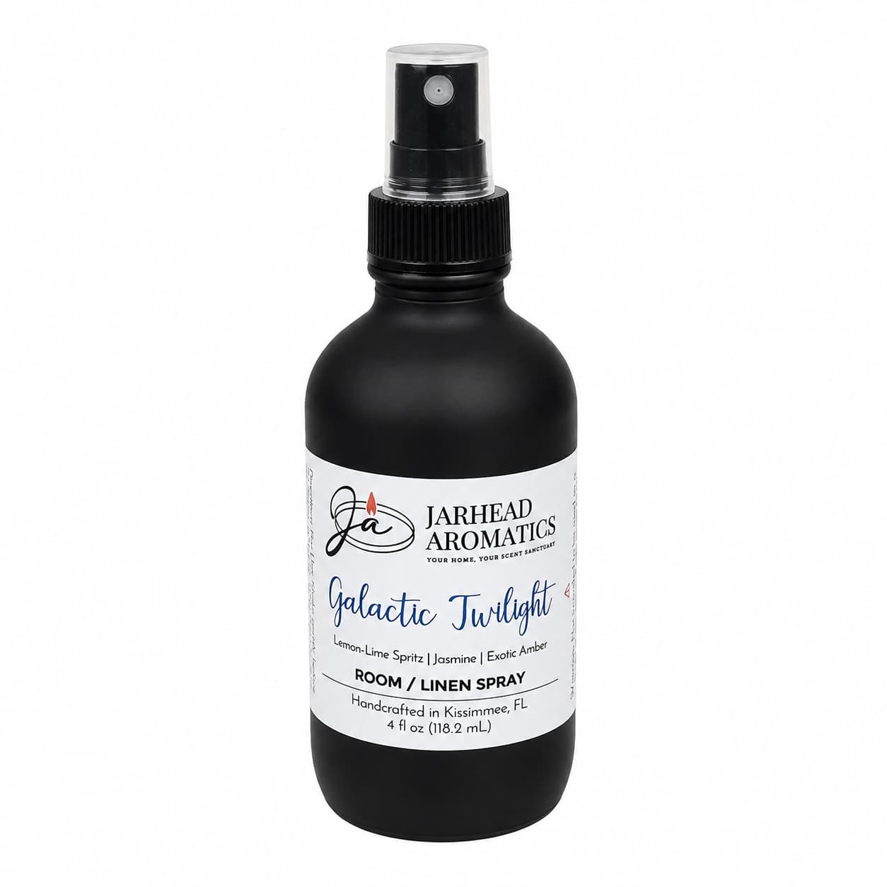 A sleek black spray bottle labeled Jarhead Aromatics Galactic Twilight Room & Linen Spray, featuring a refined home fragrance with notes of bergamot, amber, and sandalwood. Handcrafted in Kissimmee, FL, this elegant 4 fl oz (118.2 mL) bottle is perfect for elevating the ambiance of any room or linen.